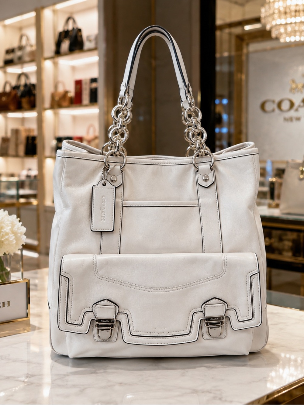 Coach Poppy White Leather Tote Bag Large Shoulder Purse Silver Hardware